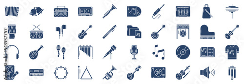 Collection of icons related to Music instrument, including icons like Accordion, Bell, Boombox, Casette and more. vector illustrations, Pixel Perfect set