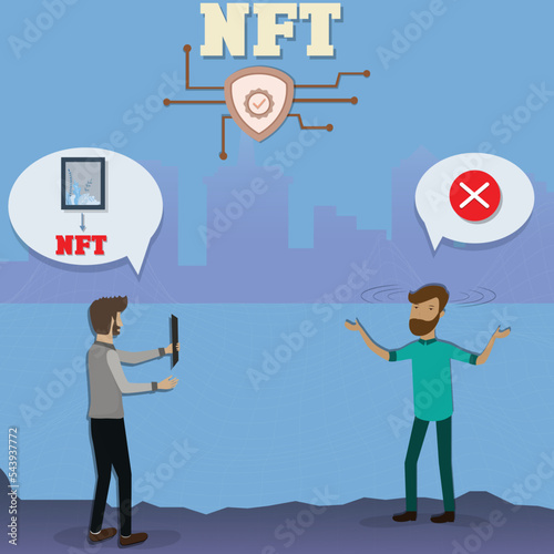 Flat design of digital technology,The young man was rejected to create his image as nft art  - vector