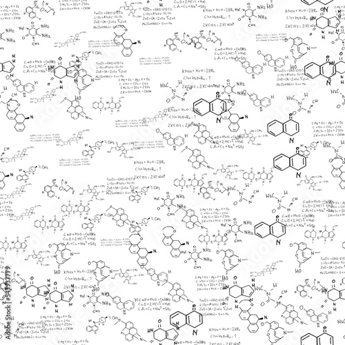 chemical formulas. scientific, educational background on white. seamless pattern. hand drawn.