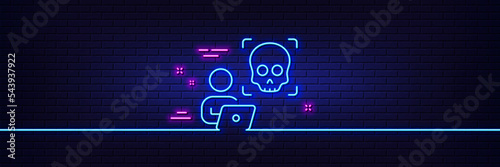 Neon light glow effect. Cyber attack line icon. Ransomware threat sign. Computer phishing virus symbol. 3d line neon glow icon. Brick wall banner. Cyber attack outline. Vector