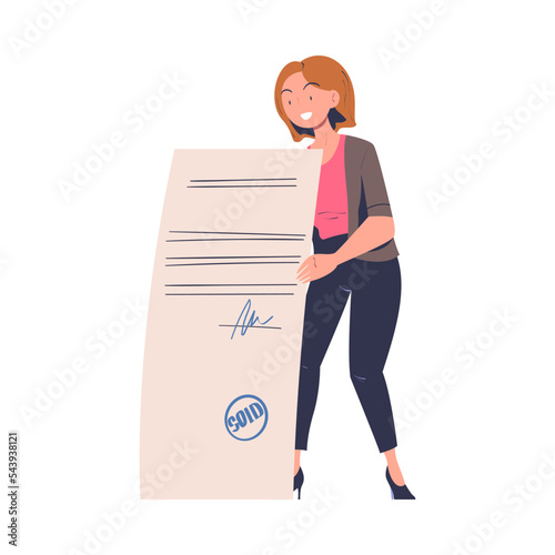 Woman Character with Huge Paper Document Making Contract and Deal Agreement Vector Illustration