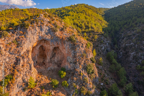 Lycian ancient old Tombs around Fethiye Turkey, arial top view photo