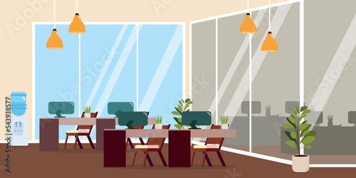 Vector illustration of a modern interior office. Cartoon interior with panoramic windows, tables, computers, flowerpots.