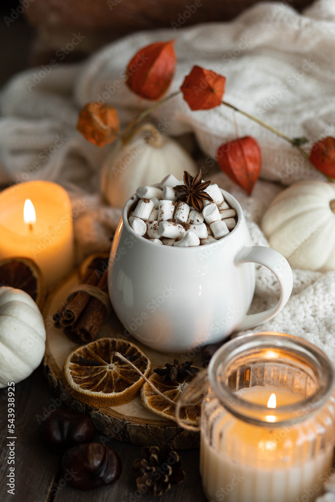 Autumn cozy home composition with hot chocolate with marshmallow and candles. Aromatherapy on a grey fall morning, atmosphere of cosiness and relax. Wooden background, window sill, close up.