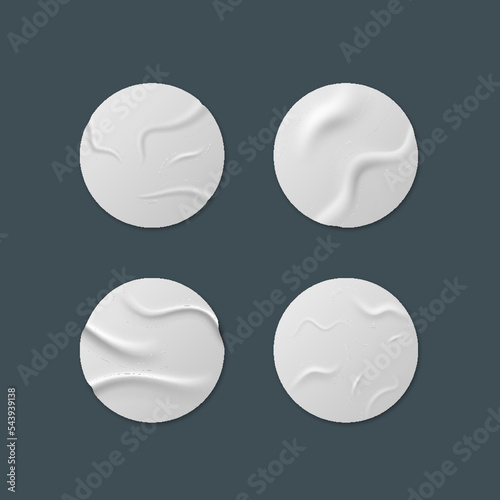 White glued crumpled stickers curled mock up set. Blank round white adhesive paper sticker