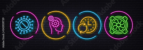 Thoughts, Coronavirus and Update time minimal line icons. Neon laser 3d lights. Computer fan icons. For web, application, printing. Business work, No vaccine, Refresh clock. Pc ventilator. Vector