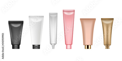 Tubes with cosmetics, cream packages. Hygiene moisturizing lotion, toothpaste and shampoo containers