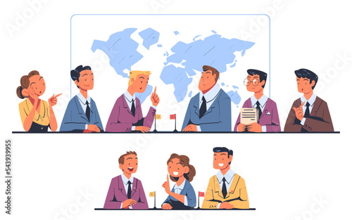 People Characters Having Negotiation Sitting at Negotiating Table Vector Set