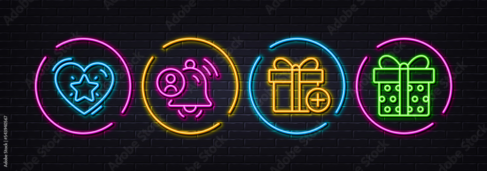 Ranking star, Add gift and User notification minimal line icons. Neon laser 3d lights. Gift box icons. For web, application, printing. Love rank, Present box, People attention. Present package. Vector