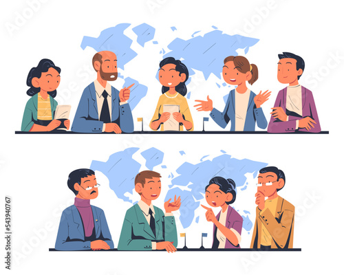 People Characters Having Negotiation Sitting at Negotiating Table Vector Set