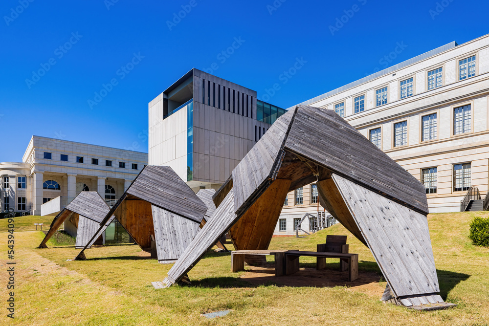 Sunny exterior view of the campus of University of Arkansas