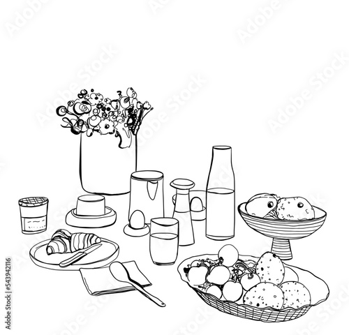 Hand Drawn wares. Romantic dinner. Food and drink on table