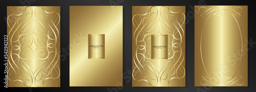 Set of gold luxury covers. Golden victorian decorations. Damask background, sinuous ornaments and ribbons for elegant invitations, presentations, brochures, royal weddings.
