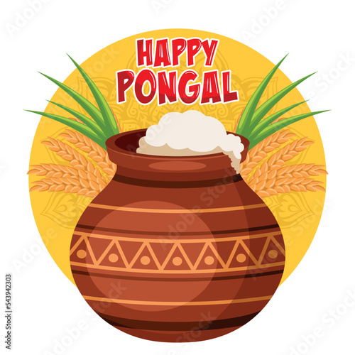 Traditional clay pot with rice, sugarcane and wheat for Happy Pongal harvest festival celebration card with mandala background