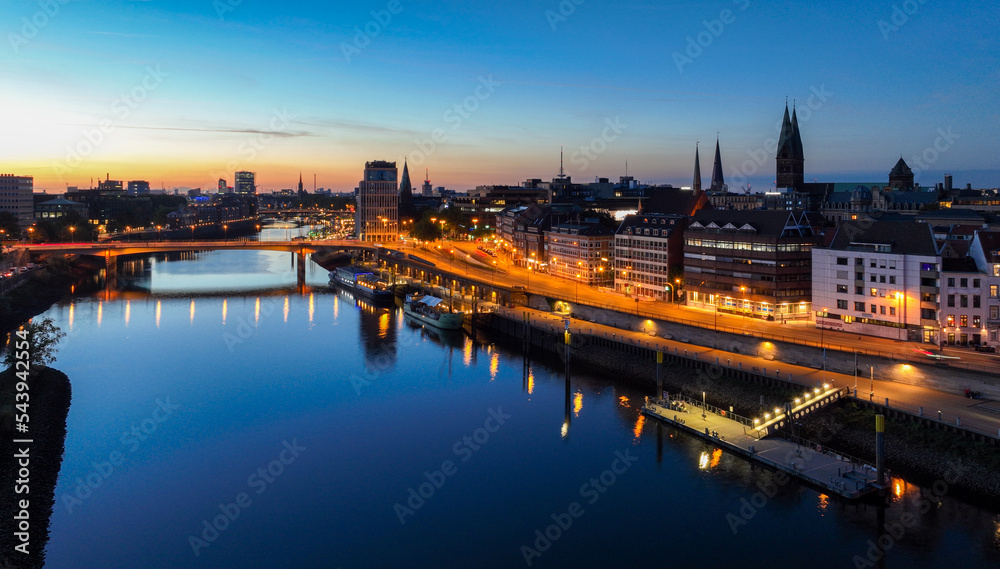 Bremen, Germany. Aerial View on Historical Center of Bremen at Night