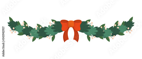 Christmas Garland Isolated on White Background. Traditional Xmas Decor of Spruce Branches with Holiday Elements