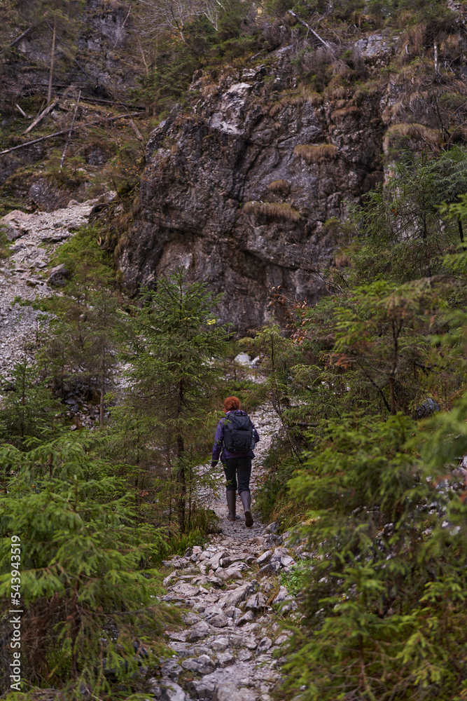 Woman hiking on a trail in the mountains