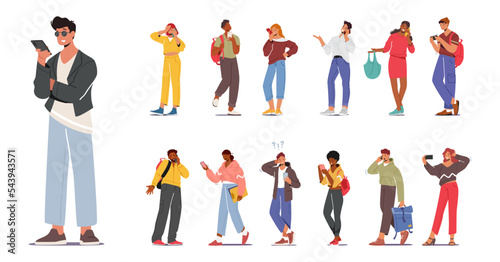 Set of Young Characters with Phones, Teens Smartphone Communication Concept. Youth Men and Women Holding Mobiles