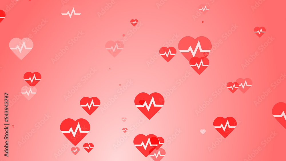 Medical heart beat pulse flat white on red hearts pattern background. Abstract healthcare for World Blood Donor Day.