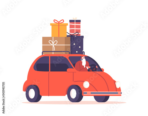 Santa Claus Character Driving Car with Christmas Gifts on Roof Trunk Isolated on White Background. Funny Xmas Noel