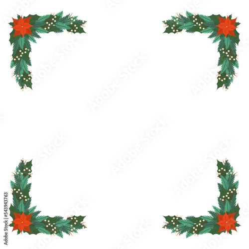 Christmas Frame with Spruce Branch Corners, Decorative Square Border Traditional Xmas Decor Isolated on White Background