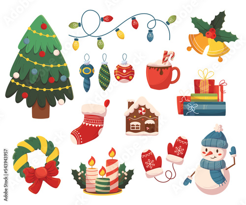 Set of Christmas Icons and Decor. Fir Tree, Garland, Bells and Socks. Gingerbread House, Candles, Snowman and Mittens