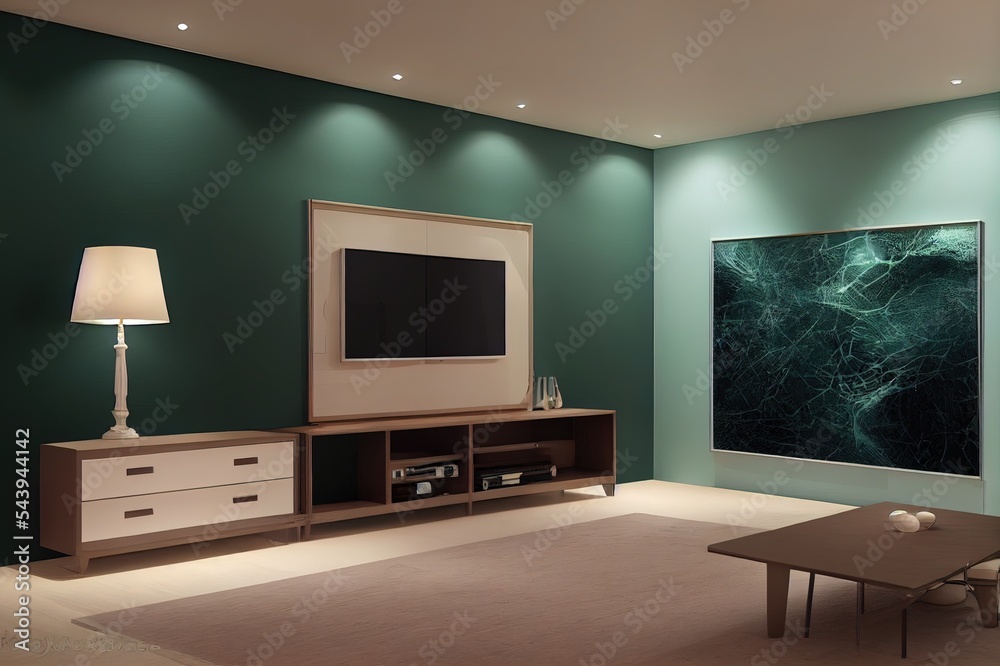 Living room with cabinet for tv on dark green color wall background.3d rendering Living room with cabinet for tv on dark green color wall background.3d rendering