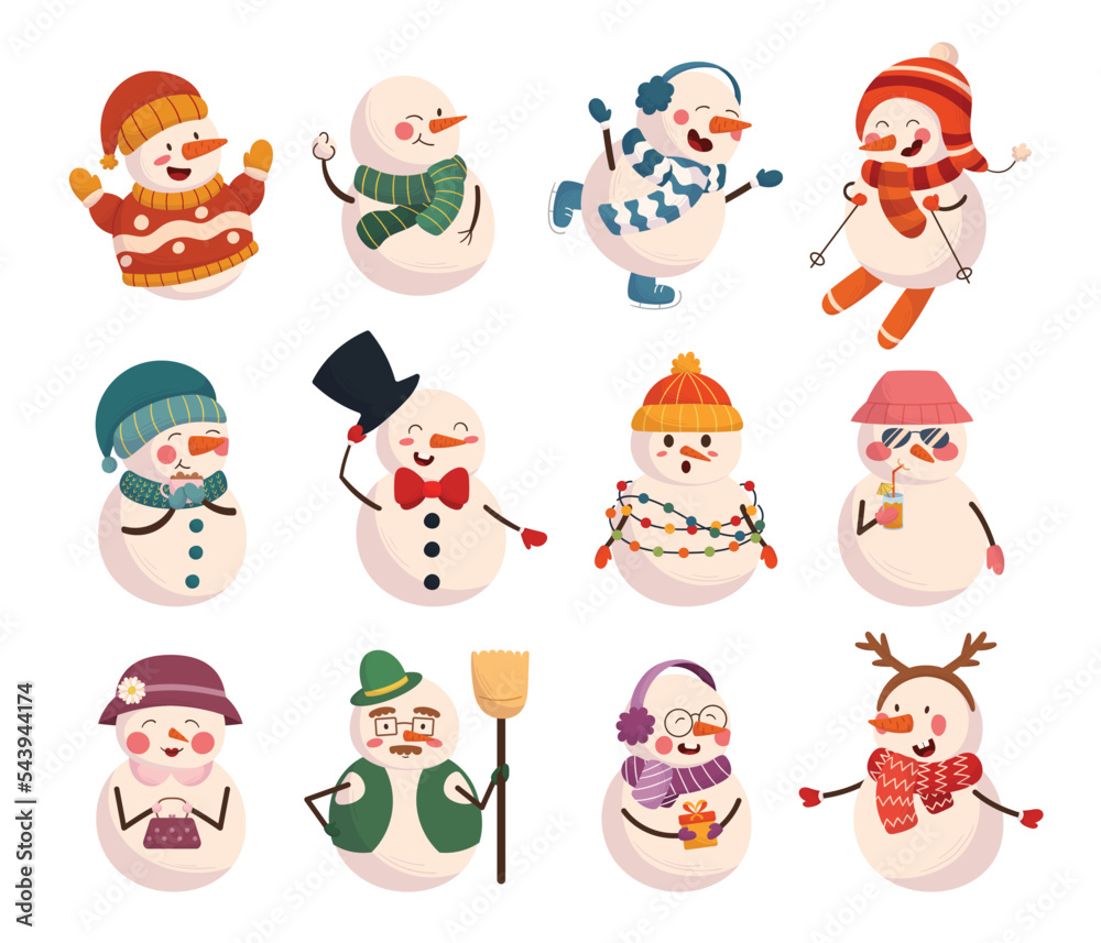 Set Of Cute Snowmen Winter Characters, Funny New Year And Christmas Personages Drinking Cocktail Or Cocoa Set Of Cute Snowmen Winter Characters, Funny New Year And Christmas Personages Drinking Cocktail Or Cocoa