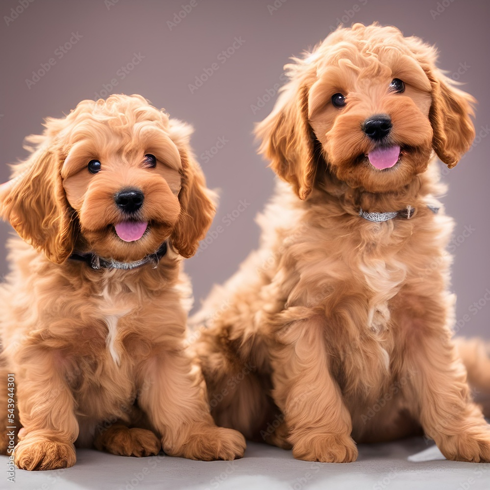 Golden Doodle puppies against a studio background Golden Doodle puppies against a studio background