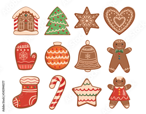 Set of Christmas Cookies Isolated Gingerbread House, Tree, Star, Heart and Man. Mitten, Ball Bell, Sock and Candy Cane