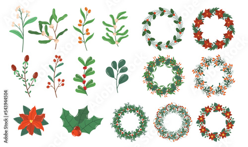 Set of Christmas Plants, Tree Wreaths and Garlands Elements, Winter Fir or Pine Branches and Red Bows Decoration