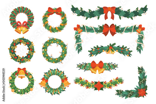 Set of Christmas Tree Wreaths and Garlands, Winter Decoration of Plants, Berries, Leaves and Toys, Fir or Pine Branches