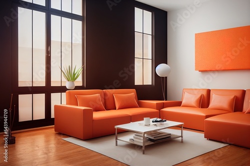 Living room have orange leather sofa and decoration minimal on two tone wall.3d rendering