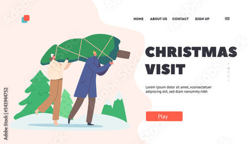 Christmas Visit Landing Page Template. Happy Couple Man and Woman Carry Fir Tree. New Year Holidays Preparation