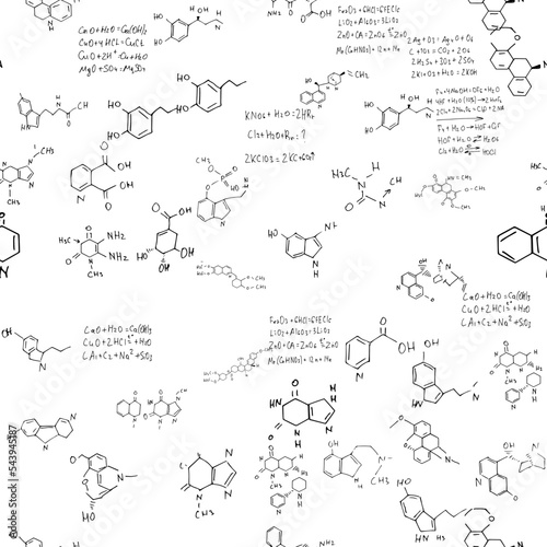 chemical formulas. scientific, educational background. seamless vector pattern. hand drawn.