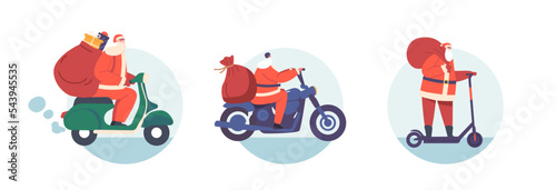 Santa Deliver Gifts on Different Transport. Noel Character Driving by Electric Scooter, Moped and Bike Bringing Present