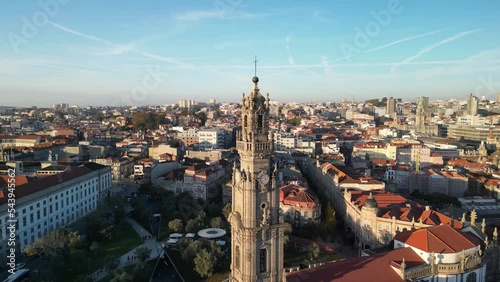 Aerial footage of the Clerigos Tower (Torre dos Clerigos), Porto, Portugal. Unesco World Heritage Site photo