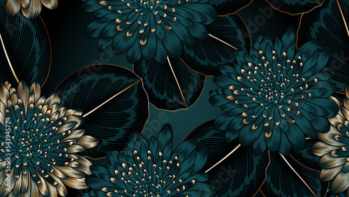 Fotografiet Vintage luxury seamless floral background with golden chrysanthemum flowers and calathea leaves