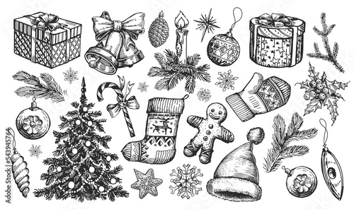 Christmas retro concept. Design elements hand drawn in sketchy vintage style. Holiday decorations