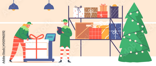 Cute Playful Christmas Elves Boy and Girl Santa Helpers in Green Costume and Stockings Weigh Gift Boxes on Scales