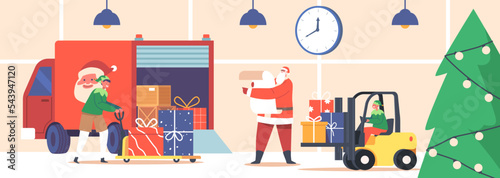 Christmas Presents Delivery Service. Santa Claus and Elves Helpers Loading Gifts in Truck by Forklift and Manual Trolley