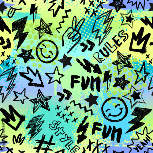 Abstract seamless chaotic pattern with urban graffiti words, scuffed and sprays. Grunge texture background. Wallpaper for boys. Fashion sport style
