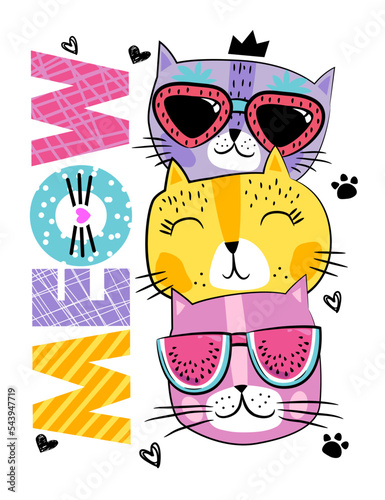 Cute abstract illustration with cartoon cats in glasses fruits. Design for children and girls. 
Summer fashion girlish print for t-shirt 