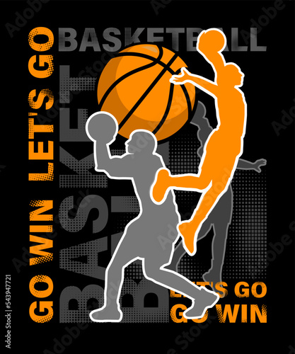Urban style modern t-shirt with basketball players and ball. Sport style illustraton for guys.
