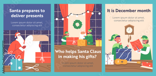 Cartoon Banners with Santa Claus Working With Elves In Office Room Reading Gift List and Prepare Presents to Kids