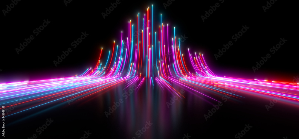 Fototapeta premium Sci Fy neon particles in a dark hall. Reflections on the floor and walls. 3d rendering image.