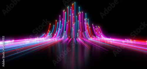 Fototapeta Naklejka Na Ścianę i Meble -  Sci Fy neon particles in a dark hall. Reflections on the floor and walls. 3d rendering image.