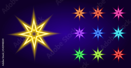 a set of yellow octagonal Stars. A collection of multicolored geometric pointed shape icon glows in the dark with a bright line of different colors red blue and green on a dark blue isolated element f