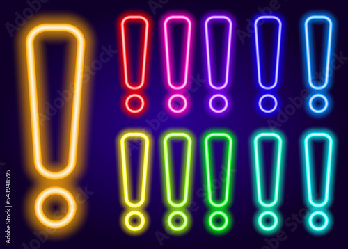 Vector neon exclamation mark set of different colors. a collection of an isolated exclamation mark element glowing on dark blue with different colors of red, blue and green for a design template. a sy