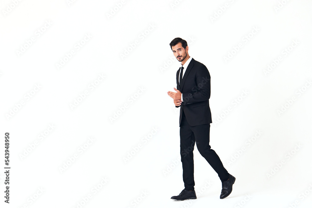 Man business smile with teeth in a suit business job walks open mouth happiness and surprise full-length on white isolated background copy space Man business smile with teeth in a suit business job walks open mouth happiness and surprise full-length on white isolated background copy space